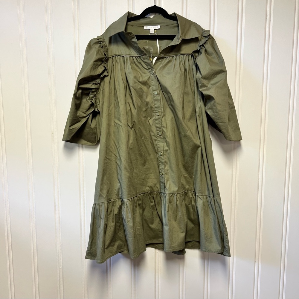 Karlie Puff Sleeve Ruffle Dress – Olive Green – Size S NWT